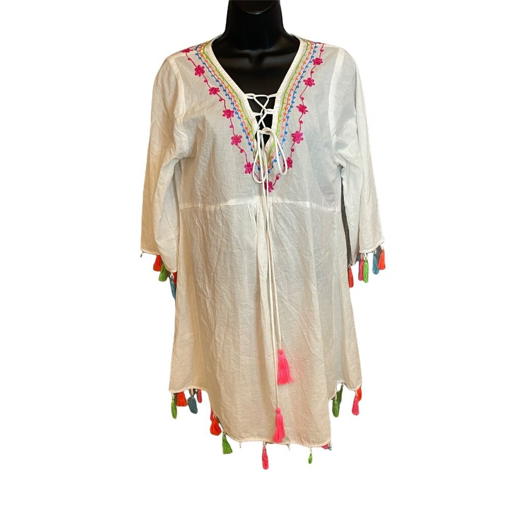 Riviera Sun Embroidered 3/4 Tunic Swimsuit Cover-up Sz S